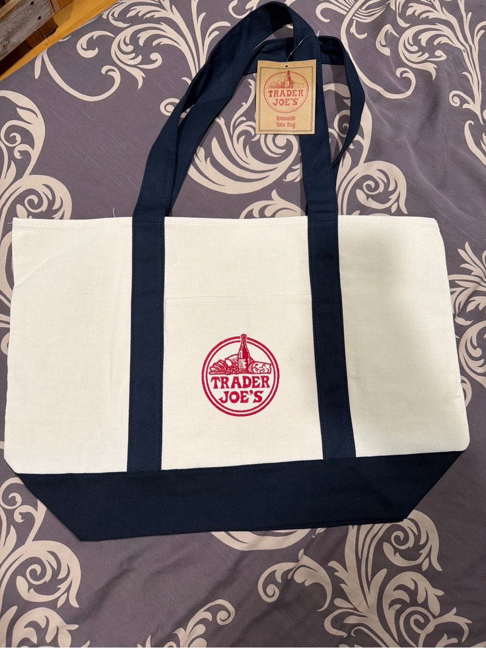 Trader Joe's Cream Canvas Tote with Black Trim and Red Logo